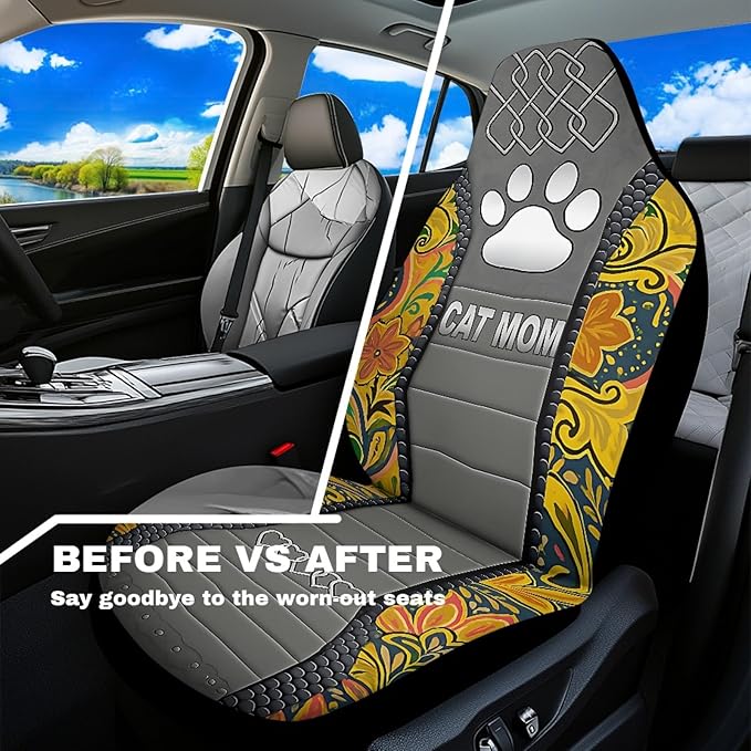 Cat Mom Paw Car Seat Covers 2 Pcs Waterproof Universal Front Seat Protective Cover Boho Flower Easy to Install Automobile Interior Decorate Accessories Fit for Car SUV Trucks