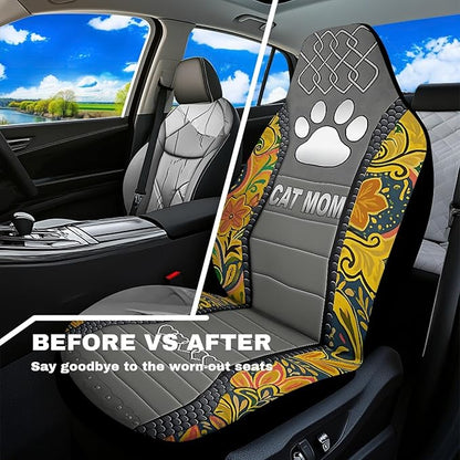 Cat Mom Paw Car Seat Covers 2 Pcs Waterproof Universal Front Seat Protective Cover Boho Flower Easy to Install Automobile Interior Decorate Accessories Fit for Car SUV Trucks