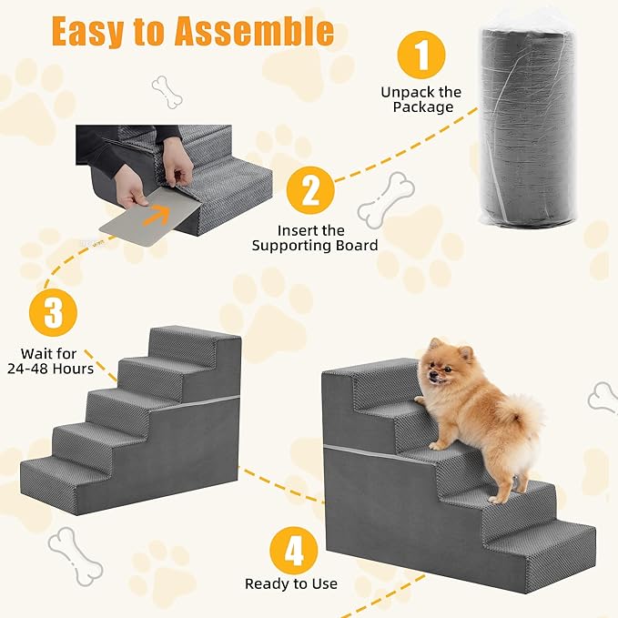 NEWBULIG 5-Step Dog Stairs, 22.5" H Dog Steps for Sofa and Chair, Non-Slip Sturdy Pet Steps for Small Dogs and Cats, Pet Ramp for High Bed Indoor(Grey)
