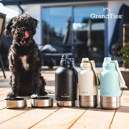 GrandTies Insulated Portable Dog Water Bottle with 2 Detachable Water Bowl Dispenser | Leak-Proof Dog Food Travel Container | Accessories for Dogs Walking, Hiking, Camping (32oz, Powder Green)