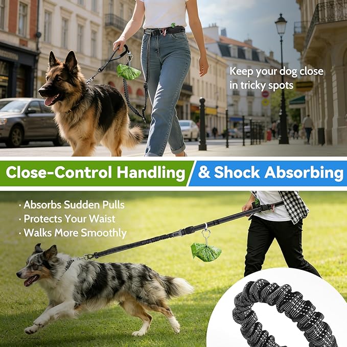 Hands Free Dog Leash 4-in-1, Adjustable 4–6 ft Waist & Crossbody Leash with Seat Belt Clip & Poop Bag Holder, Reflective & Heavy-Duty for Running, Walking, Hiking, Training