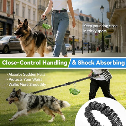 Hands Free Dog Leash 4-in-1, Adjustable 4–6 ft Waist & Crossbody Leash with Seat Belt Clip & Poop Bag Holder, Reflective & Heavy-Duty for Running, Walking, Hiking, Training