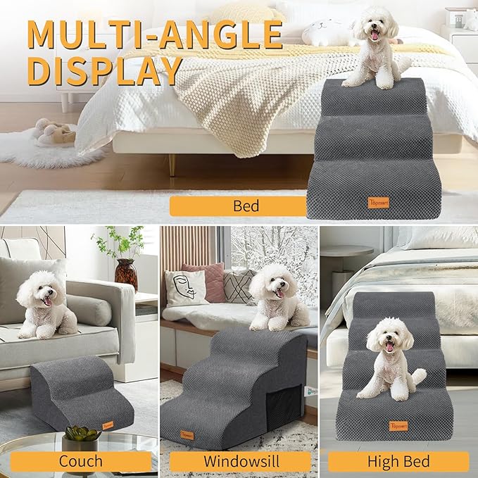 Topmart 3 Tiers Foam Dog Ramps/Steps,Non-Slip Dog Steps,Extra Wide Deep Dog Stairs,High Density Foam Pet Stairs/Ladder,Best for Older Dogs,Cats,Small Pets, Grey