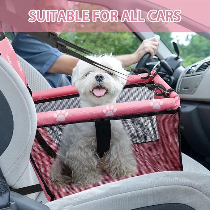 PetsHome Dog Car Seat Foldable Dog Car Booster Seat Waterproof Breathable Oxford Travel Bag for Small to Medium Dogs, Puppies, and Pets-Footprint Pink