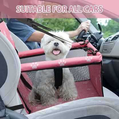 PetsHome Dog Car Seat Foldable Dog Car Booster Seat Waterproof Breathable Oxford Travel Bag for Small to Medium Dogs, Puppies, and Pets-Footprint Pink