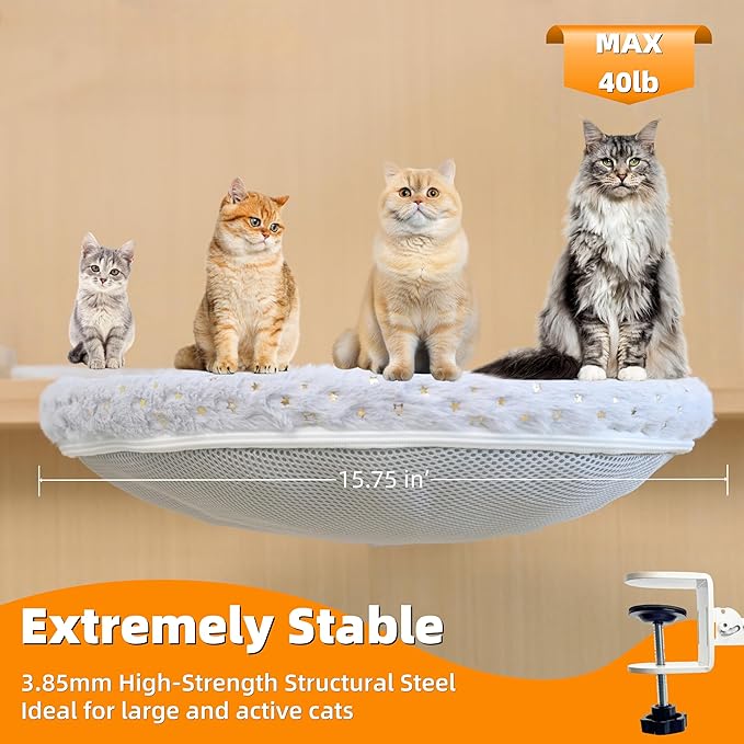 Cat Desk Bed, Cat Perch for Home Office, 360°Rotating & Adjustable Shelf, Removable Comfortable Soft Pet Nest Bed, Modern Unique Kitten Furniture Attachment for Game Tables (Grey)