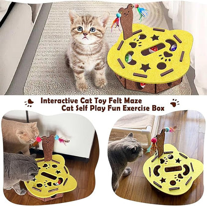 Interactive Felt Cat Maze Box with Cartoon Cat-Shaped Post, Fish-Shaped Puzzle ExerciseHide Seek Moving Toy for Cats, Mental Enrichment Self-Play Toy Encourages Hunting Instincts with 4 Balls