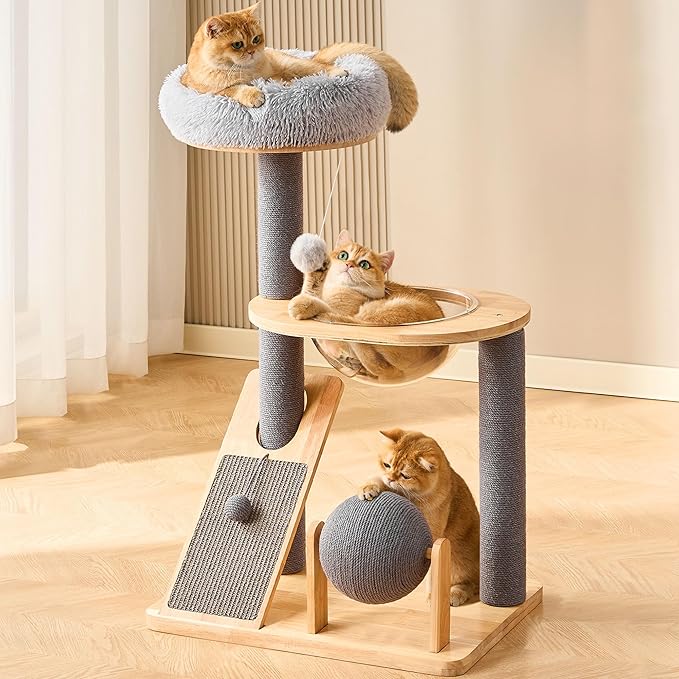 HITTITE Solid Wood Cat Tree Tower with Scratching Post, 37.8 Inches Tall Cat Towers with Scratching Board and Scratcher Ball, Modern Cat Tower With Space Capsule and Removable Top Bed for Indoor Cats.
