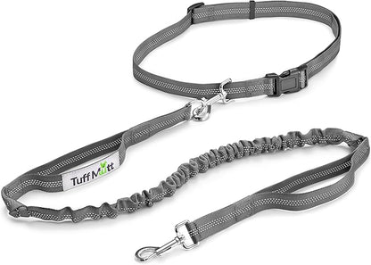 Tuff Mutt Hands Free Dog Leash for Walking Running Hiking, Waist Leash with Bungee, Adjustable Belt, Reflective Double Handle Design for Large Medium Dogs