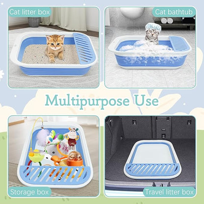 Fhiny Kitten Litter Box Portable Shallow Litter Box 17.7"x13.4"x4.9" Foldable Cat Toilet with Scoop Open Kitty Potty Pan with Litter Drop Pedal Easy to Clean Travel Kitten Toilet(Blue)