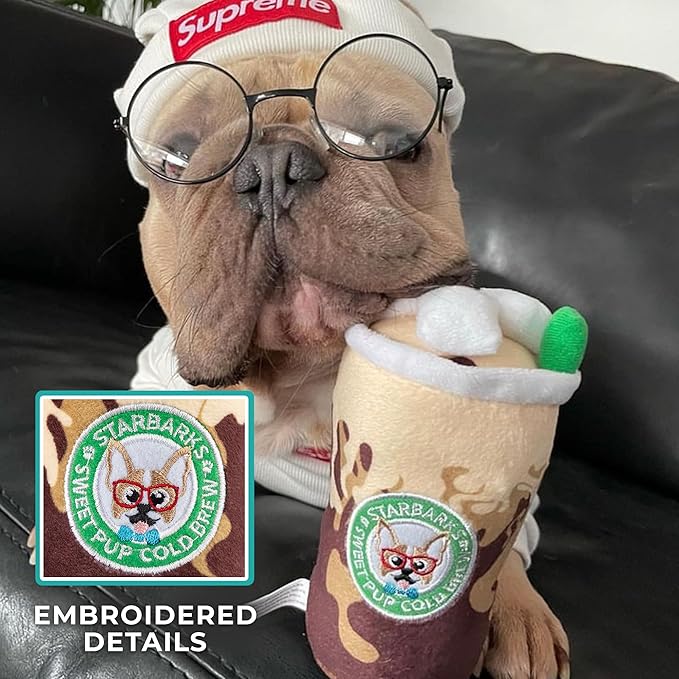 Haute Diggity Dog Starbarks Sweet Pup Cold Brew, Plush Designer Dog Toys with Interactive Squeaker, Stimulating Pet Enrichment, Machine-Washable & Safe Materials for All Breeds, One Size