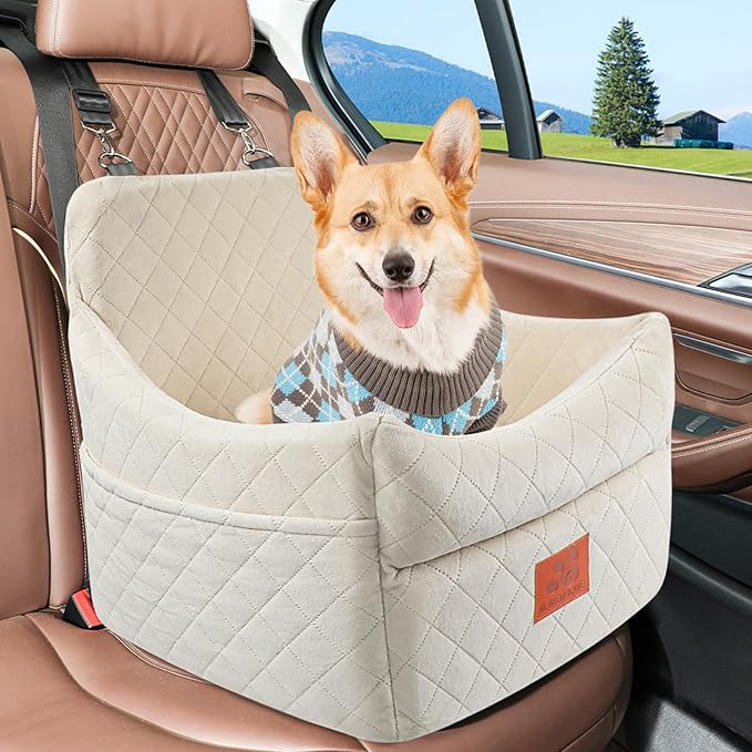 GL GLENSLAVE Dog Car Seat for Small/Medium Dogs, Dog Booster Car Seats with Thick Cushion for Dogs Under 35lbs, Detachable Washable Pet Carseat with Storage Pockets, 2 Safety Belts(Beige)