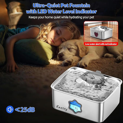 Kastty Large Dog Water Fountain, 15L/4Gal Stainless Steel Pet Water Bowl Dispenser with 5-Stage Filtration, AUTO Dual-Color LED, Visual Window, Ultra Quiet, for Large Medium Dogs & Multi-pet, FS81