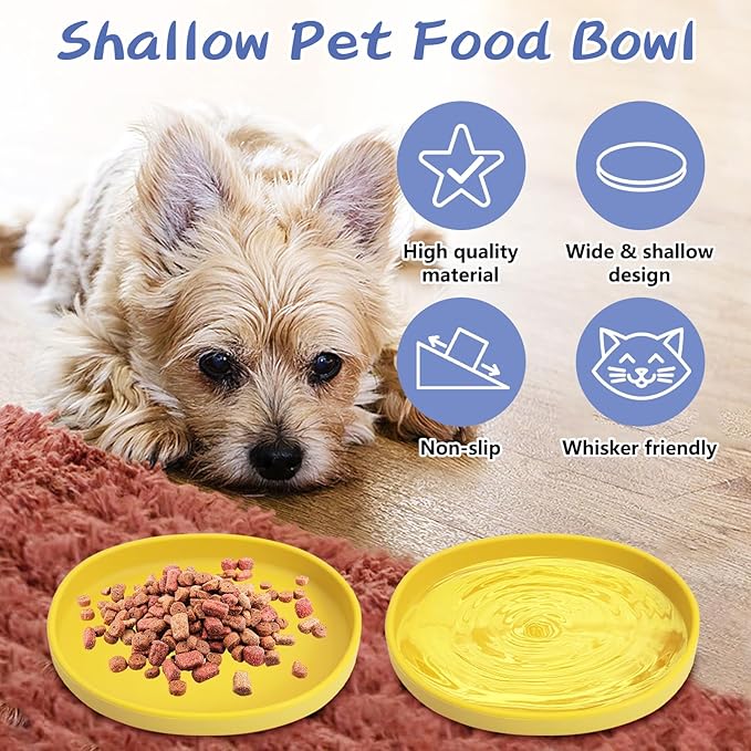 Fhiny 2 PCS Silicone Cat Food Bowls Shallow Dog Bowl 7" Non-Slip Pet Feeding Dishes for Dry and Wet Food Whisker Fatigue Cat Plates for Kitten Puppy and Small Pets(Yellow)