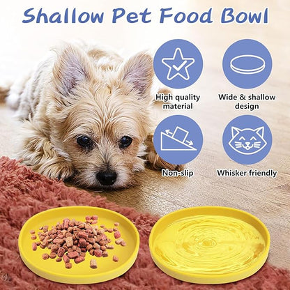 Fhiny 2 PCS Silicone Cat Food Bowls Shallow Dog Bowl 7" Non-Slip Pet Feeding Dishes for Dry and Wet Food Whisker Fatigue Cat Plates for Kitten Puppy and Small Pets(Yellow)