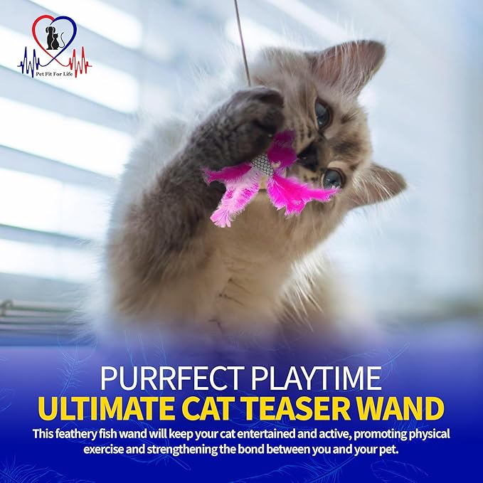 Pet Fit For Life Cat Feather Wand Toys – Interactive Cat Wand Toy for Indoor Pets | 2 Feathery Fish Attachments | Promotes Animal Health & Fitness, Made w/Soft & Durable Materials | Gift