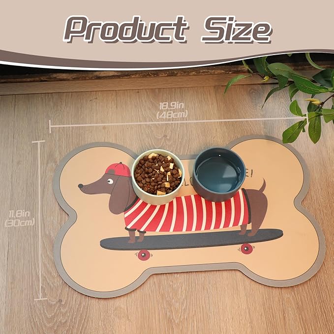 Le couranT Feeding Plastic Placemat for Food and Water Bowl, Absorbent-No Stains Quick Dry Dog Water Bowl Dispenser with Waterproof-Anti-Slip Backing Pet for Messy Drinkers, Lovely Dachshund-12x19 in