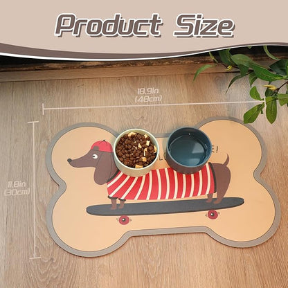 Le couranT Feeding Plastic Placemat for Food and Water Bowl, Absorbent-No Stains Quick Dry Dog Water Bowl Dispenser with Waterproof-Anti-Slip Backing Pet for Messy Drinkers, Lovely Dachshund-12x19 in