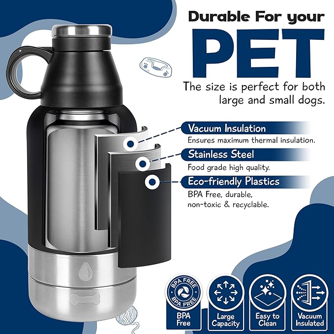 Portable Dog Water Bottle with 2 Removable Water Bowls for Dogs – Leak-Proof Insulated Stainless Steel Dog Water Bottle - Travel Accessories for Dogs - 32oz - Black