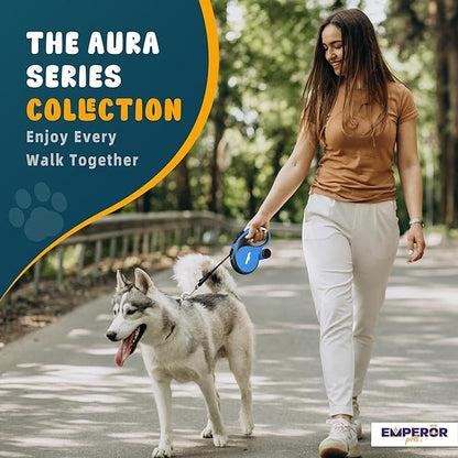 Emperor Pets 16 ft Retractable Dog Leash Blue - Heavy Duty Retractable Pet Leash with Anti-Slip Grip for Medium to Large Dogs up to 110 lbs -Aura BL16
