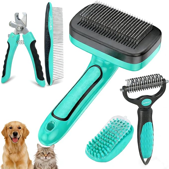 5 PCS Self Cleaning Slicker Brush & Pet Grooming Rake & Bath Brush & Nail Clippers & Pet Comb for Dogs and Cats,Professional Deshedding Dematting Tool for Long and Short Haired Pets