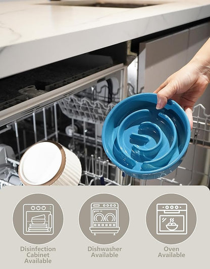 Ceramic Slow Feeder Dog Bowls, 0.6 Cup Slow Feeder for Small Dogs, Puzzle Maze Bowl, Prevents Choking, 6in, Blue
