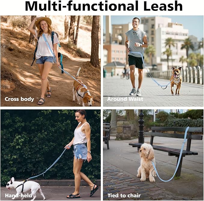 Hands Free Dog Leash, 8.5ft Adjustable Hands Free Leash for Medium Dogs, Versatile Handheld Crossbody Waist Lead with 3 Rings, Easy Adjust for Running Jogging Walking, Sponge Handle, Blue
