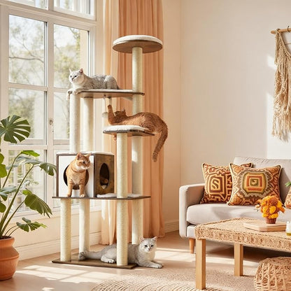 Feandrea Cat Tree, 64.6-Inch Modern Cat Tower, Multi-Level Condo with 5 Scratching Posts, Perch, Washable Removable Cushions, Cave, Rustic Brown UPCT166X01