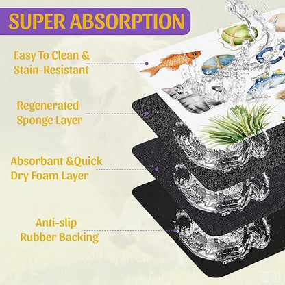 Cat Fun Pet Feeding Mat, Absorbent Bowl Pad for Dogs and Cats, Fast Dry, Non-Slip Back, Indoor Use – 16x24 Inch