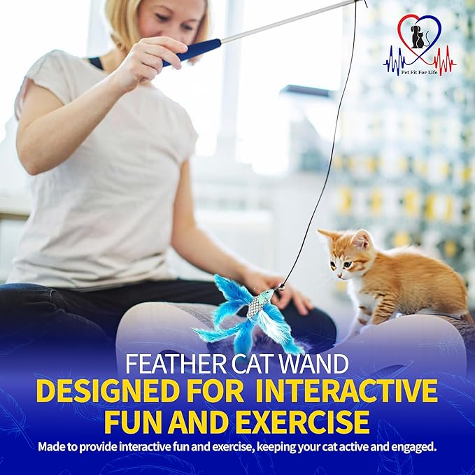 Pet Fit For Life Cat Feather Wand Toys – Interactive Cat Wand Toy for Indoor Pets | 2 Feathery Fish Attachments | Promotes Animal Health & Fitness, Made w/Soft & Durable Materials | Gift