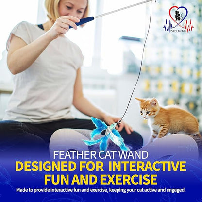 Pet Fit For Life Cat Feather Wand Toys – Interactive Cat Wand Toy for Indoor Pets | 2 Feathery Fish Attachments | Promotes Animal Health & Fitness, Made w/Soft & Durable Materials | Gift