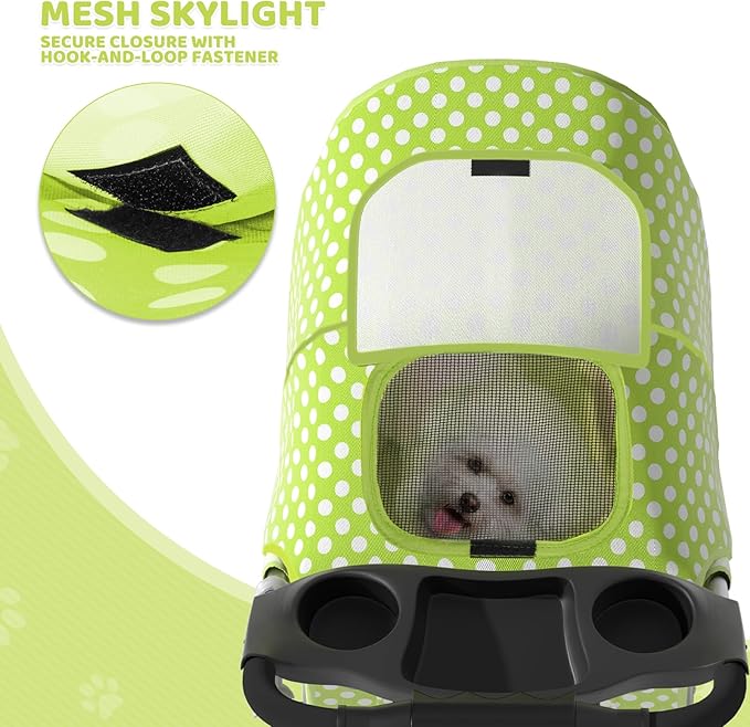 Magshion 3-Wheel Pet Stroller, Foldable Travel Jogger for Small & Medium Dogs & Cats (Up to 33lbs), Lightweight Carrier with Breathable Mesh Cover, Cup Holder & Storage Basket, Lawn Green Polka Dots