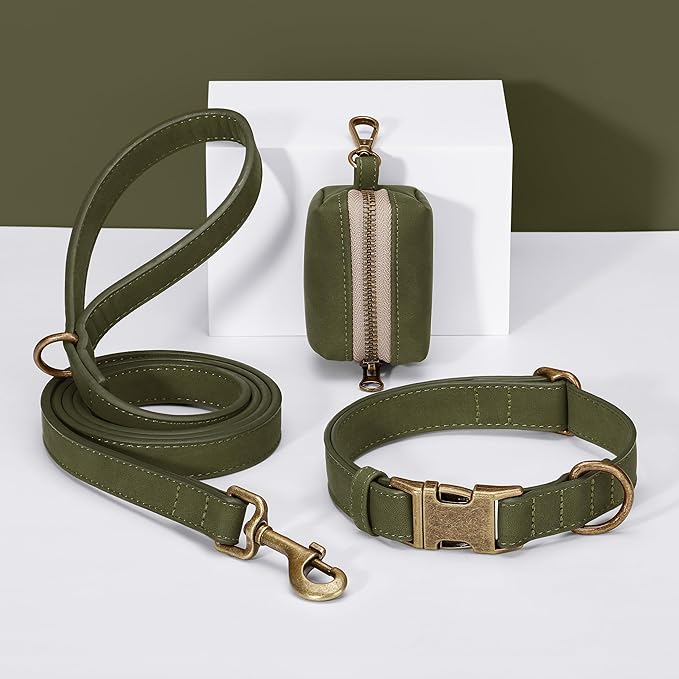Didog Soft PU Leather Dog Collar, Stylish Quick Released Dog Collars for Small Dogs, Easy Clean Adjustable Pet Collar for Daily Walking, Dark Green, S Fit 10-15" Neck