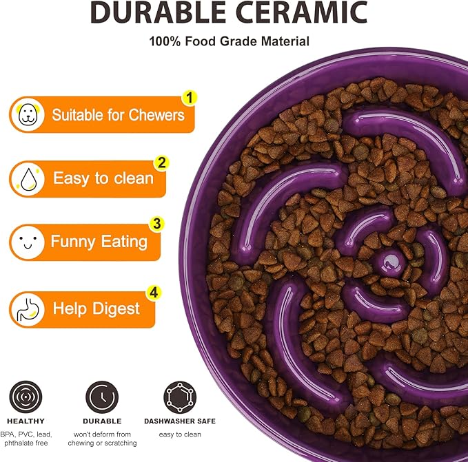 Slow Feeder Dog Bowl, Ceramic 8.3 inch Dog Food Bowls for Small, Medium, and Large Breed, Anti-Slip Maze Puzzle Food Dish to Slow Down Eating (Deep Purple, 8.3 inch)