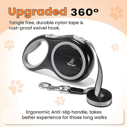 Retractable Dog Leash – Extendable up to 26 FT, Heavy Duty Nylon Tape, No-Tangle, One-Handed Brake & Lock, for Small to X-Large Dogs up to 110 lbs (Black)