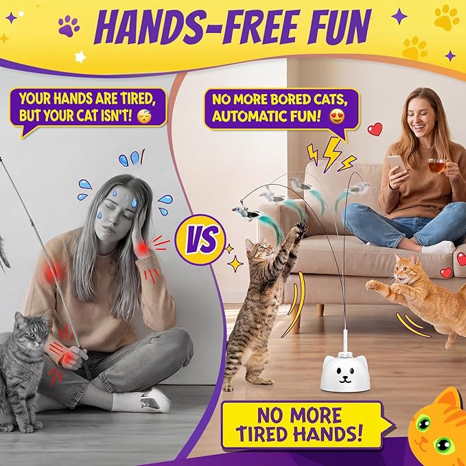 Interactive Cat Toys for Indoor Cats: Upgraded 360° Automatic Spin Flying Bird Feather Wand with Silicone Protected Rod Safe Play, Strong 8cm Suction Cup, USB-Rechargeable for Bored Kittens and Adult