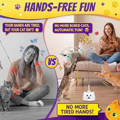 Interactive Cat Toys for Indoor Cats: Upgraded 360° Automatic Spin Flying Bird Feather Wand with Silicone Protected Rod Safe Play, Strong 8cm Suction Cup, USB-Rechargeable for Bored Kittens and Adult
