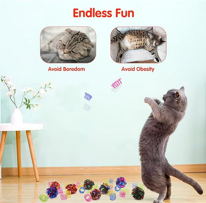 SEVENKA Cat Toys 8 Pcs Color Crinkle Balls and 24 Spring Toy, 2in/5cm Cat Balls, Kitten Toy, Plastic Spiral Springs for Swatting, Biting, Hunting, Active Healthy Play