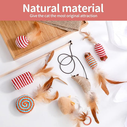 NVTED Cat Feather Toy Set - Playing Wand and Pet Activity Nip Toys Collection in Gift Box, Set of 7