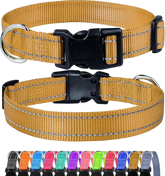 FunTags Reflective Dog Collar, Sturdy Nylon Collars for Large Girl and Boy Dogs, Adjustable Dog Collars for Animals with Quick Release Buckle, Khaki