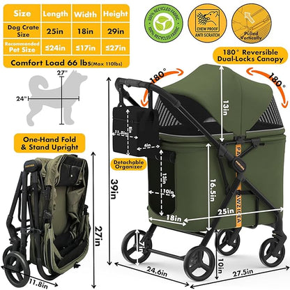 PAWZIDEA Large Dog Stroller up to 80 lbs, No-Zip 180° Reversible Canopy Lockable, Lightweight Pet Stroller for 2 Medium Dogs, One-Hand Foldable, Low-Entry, All-Terrain Jogger Wheels, Storage Organizer