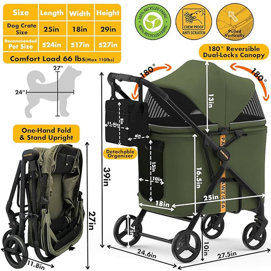 PAWZIDEA Large Dog Stroller up to 80 lbs, No-Zip 180° Reversible Canopy Lockable, Lightweight Pet Stroller for 2 Medium Dogs, One-Hand Foldable, Low-Entry, All-Terrain Jogger Wheels, Storage Organizer