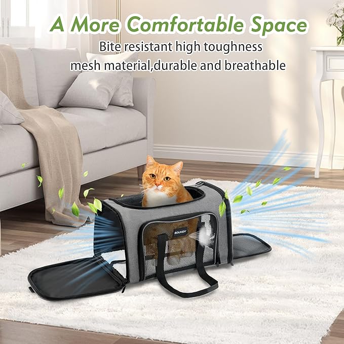 Soundy Large Cat Carrier Dog Carrier Under 25 Lbs,Collapsible Ventilated Portable Pet Bag with Soft Sided Breathable Mesh for Long Car Trips Maxi Load 2 Kittens or Small, Medium Dog (Large Grey)