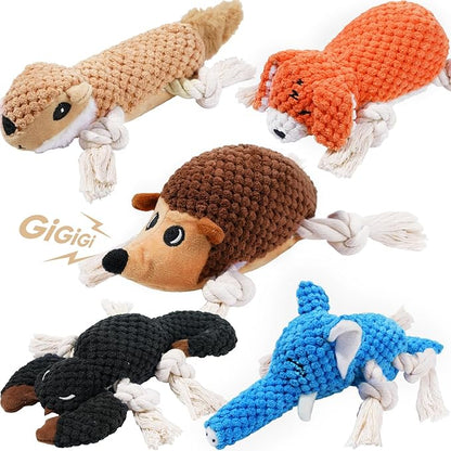 LEGEND SANDY Dog Squeaky Toys for Puppy, 5 Pack Small Dog Toys, Stuffed Animal Puppy Toys with Tug of War Ropes Value Bundle, Puppy Chew Toys for Teething with Squeakers Small Medium Breeds
