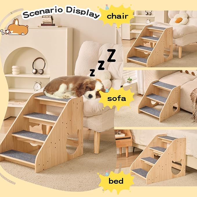 Dog Stairs for Small Medium Large Dogs 17.72" H Load Capacity 150lbs Solid Wood Non-Slip Sturdy Pet Steps for Bed & Couch 4 Step 15.75 * 22.44 * 17.72"