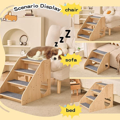 Dog Stairs for Small Medium Large Dogs 17.72" H Load Capacity 150lbs Solid Wood Non-Slip Sturdy Pet Steps for Bed & Couch 4 Step 15.75 * 22.44 * 17.72"