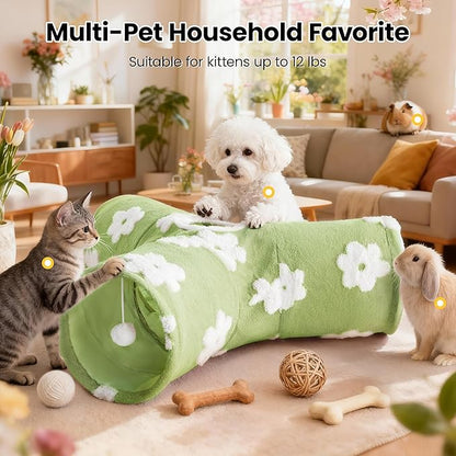 Tempcore Flannel Pet Cat Tunnel Tube Cat Toys 3 Way Collapsible, Cat Tunnels for Indoor Cats，Kitty Tunnel Bored Pet Toys Peek Hole Toy Ball Puppy, Kitty, Kitten, Rabbit Daisy Green