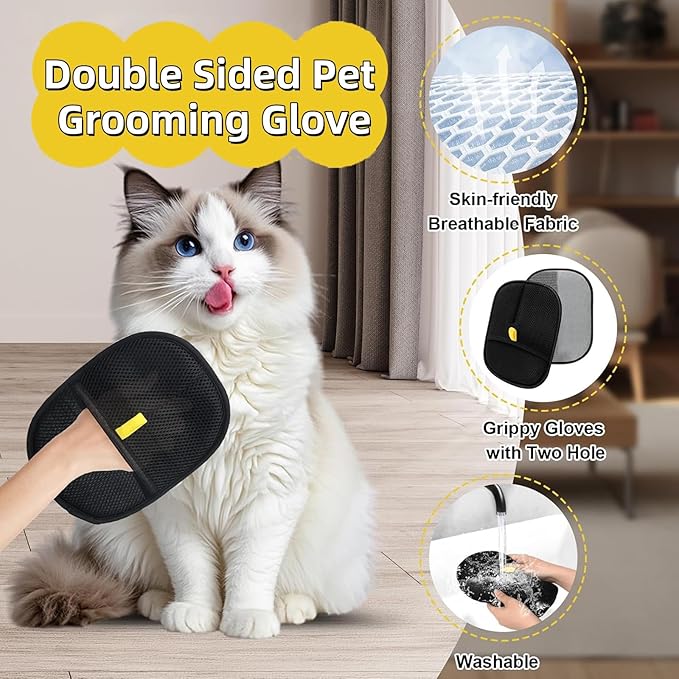 2PCS Pet Hair Removal Glove, Reusable Grooming Gloves for Pet Hair, Washable Cat & Dog Hair Remover for Couch, Furniture, Clothing, Carpet, Car Seats, Bed Sheet