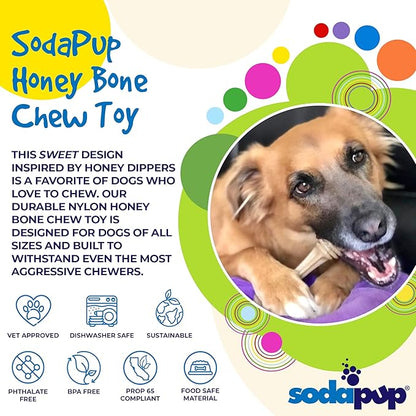SodaPup Honey Bone – Durable Dog Chew Toy Made in USA from Non-Toxic, Pet Safe, Food Safe Nylon Material for Mental Stimulation, Clean Teeth, Fresh Breath, Problem Chewing, Calming Nerves, & More