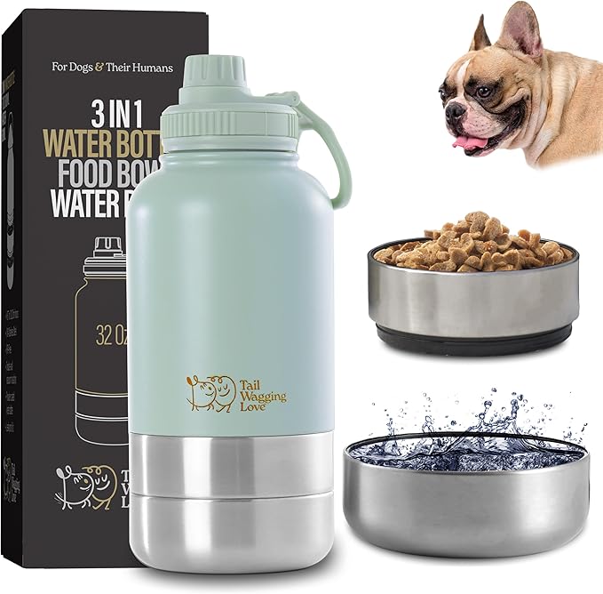 32oz 3-in-1 Portable Travel Water Bottle, Food & Hydration Bottle - Dual Use for Humans & Pets with Detachable Bowls, Stainless Steel, Keeps Water Hot for 6hrs & Cold for 12hrs